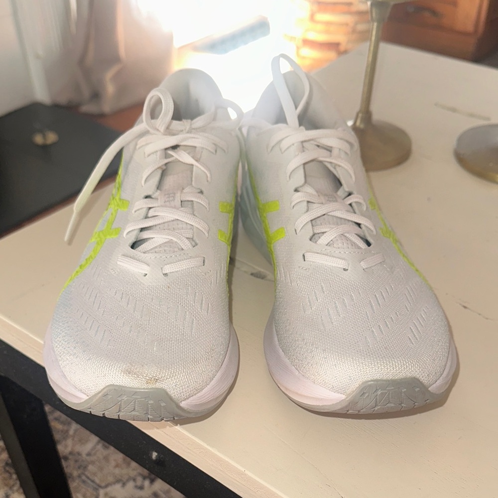 ASICS Running Shoes White with light Blue and Neon yellow Accents FF Blast